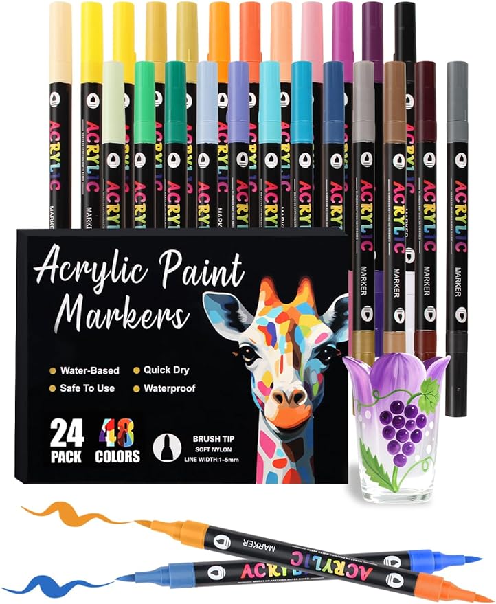 48 Colors Acrylic Paint Markers with 24 Dual-Color Brush Tips, Double Tips Acrylic Paint Pens for Rocks, Eggs, Wood, Rock, Canvas, Plastic, Glass, Ceramic