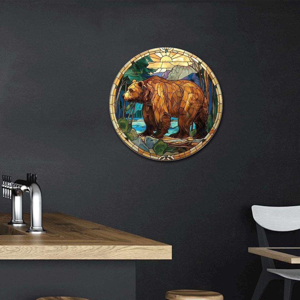 Lygond Metal Sign Tin Sign Circular Stained Glass Bear Garden Tin Signs for Bar 8×8 Inches