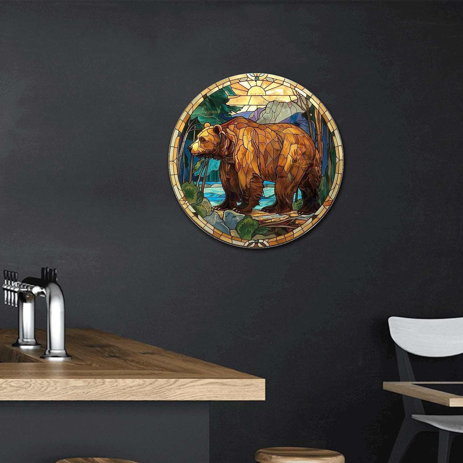 Lygond Metal Sign Tin Sign Circular Stained Glass Bear Garden Tin Signs for Bar 8×8 Inches