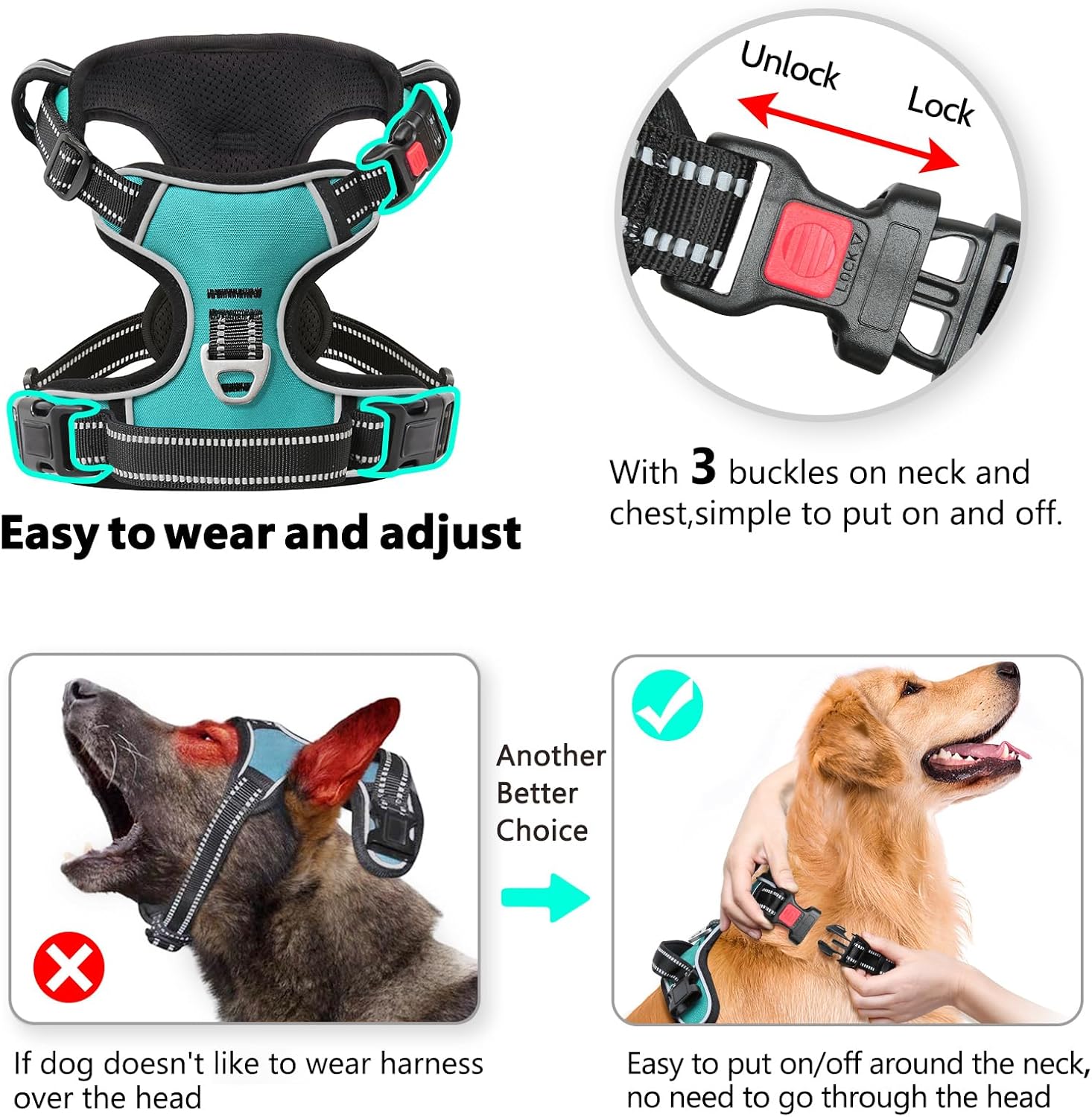 Timos Dog Harness,NO Need Go Over Dogs Head 3 Snap Buckles Pet Harness with 2 Leash Clips,Adjustable Soft Padded No-Pull,Reflective No-ChokeOxford Vest for Small Medium Large Dogs,X-Large (Pack of 1)
