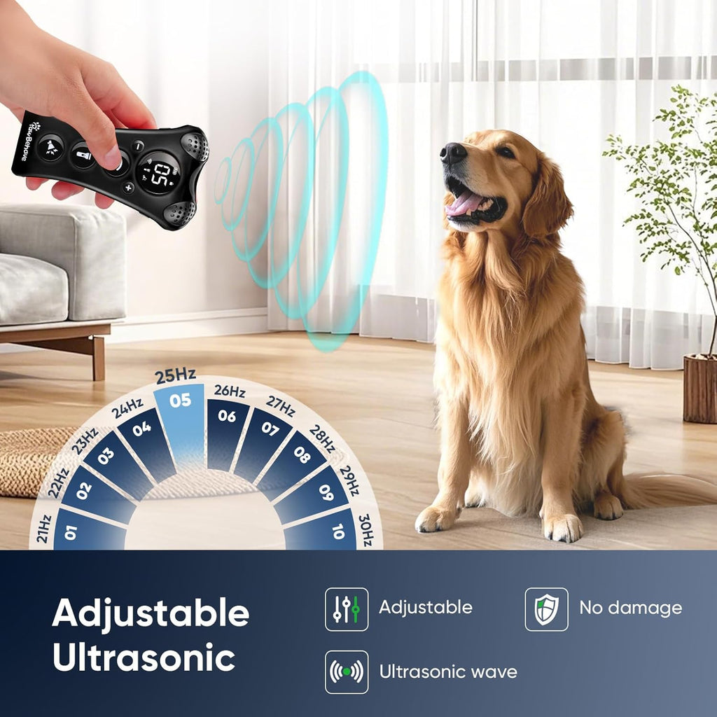 Ultrasonic Dog Bark Deterrent Device –10-Level Adjustable Anti Barking Trainer with Flashlight, Strobe, E-Clicker(18 Whistle Sounds)–No Shock, Collar-Free Dog Behavior Correction Devices