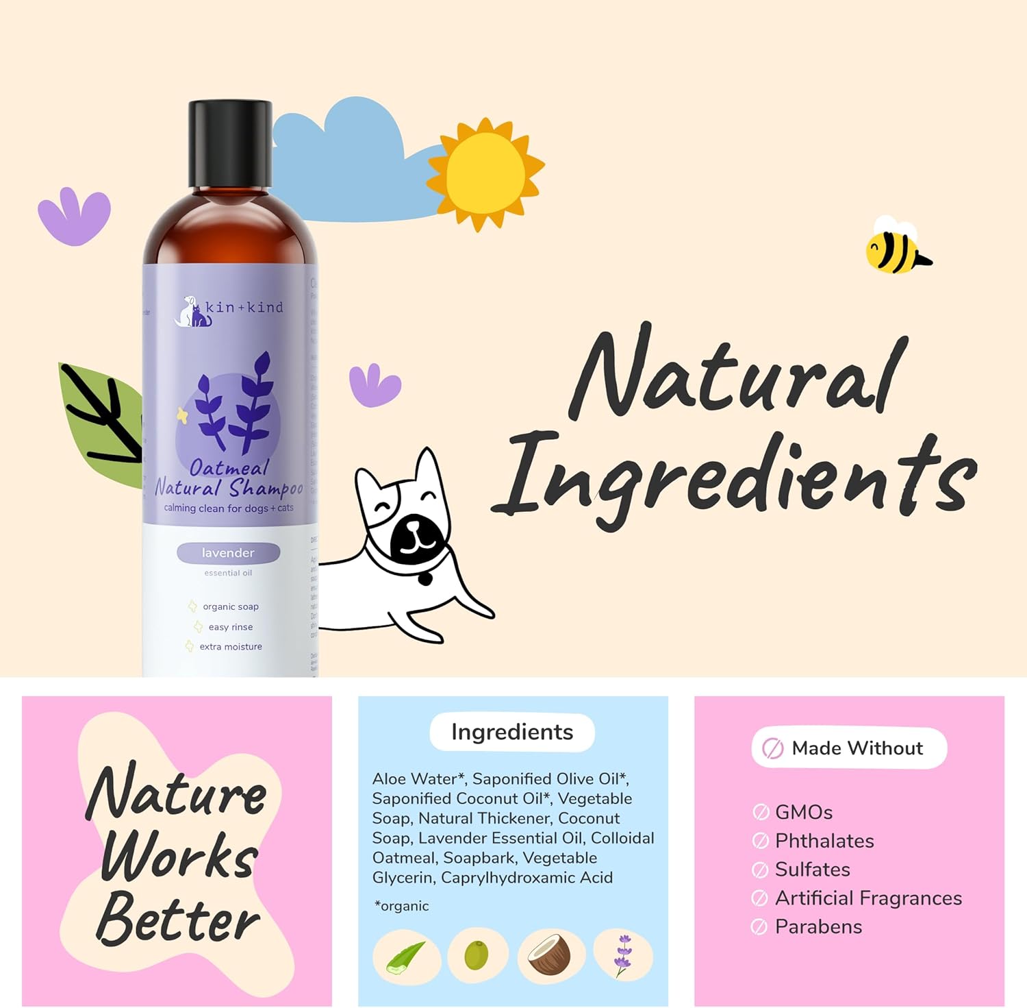 kin+kind Oatmeal Shampoo Lavender for Dogs & Cats Natural Dog Shampoo for Itchy & Sensitive Skin with Colloidal Oatmeal, Olive Oil & Coconut Oil Moisturizing & Safe Pet Shampoo Made in USA (12 fl oz)