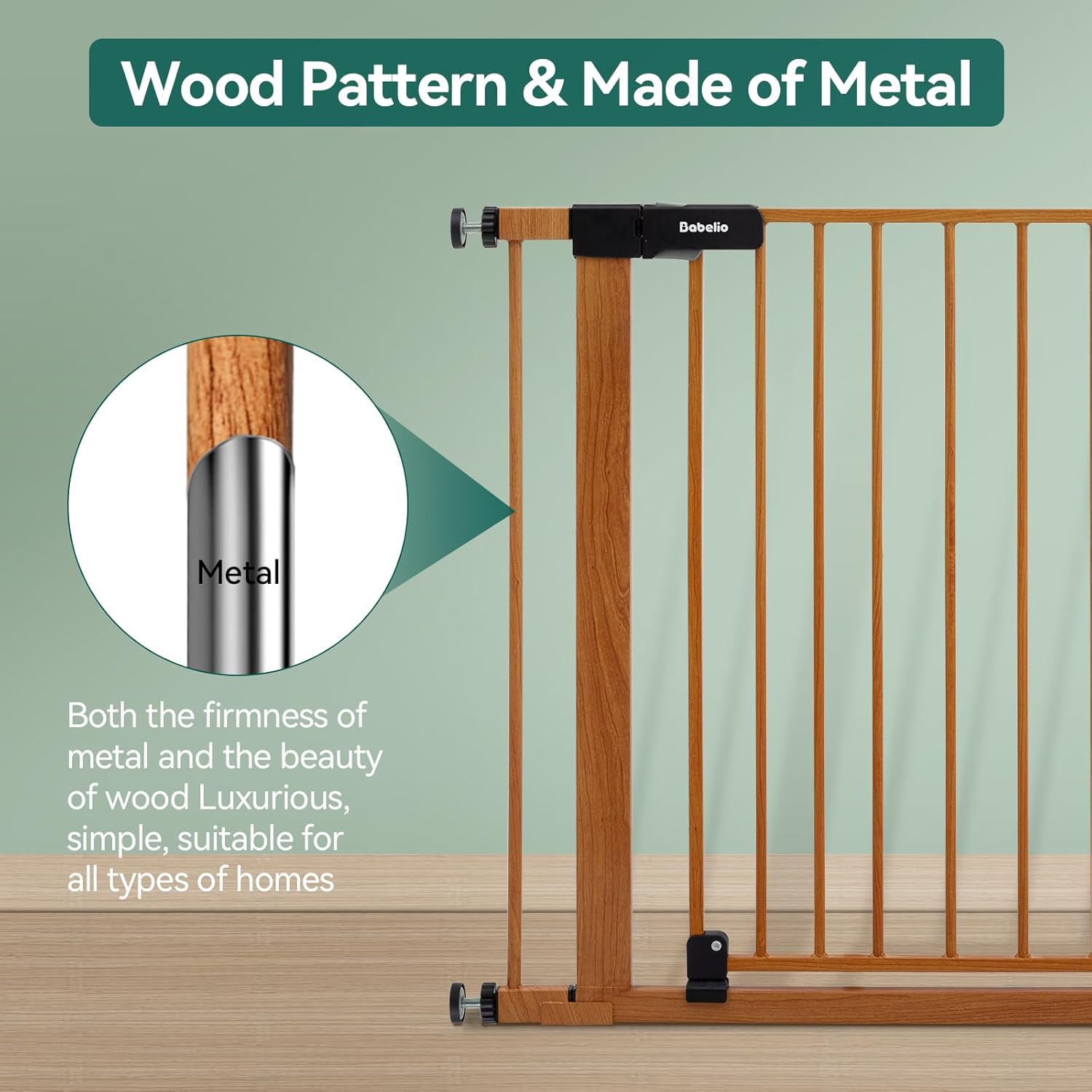 BABELIO 29-48" Metal Baby Gate with Brown Wood Pattern, Auto Close Dog Gate for The House, Stairs and Doorways, Pressure Mounted Pet Gate with Door, Safety Gate for Child and Pets