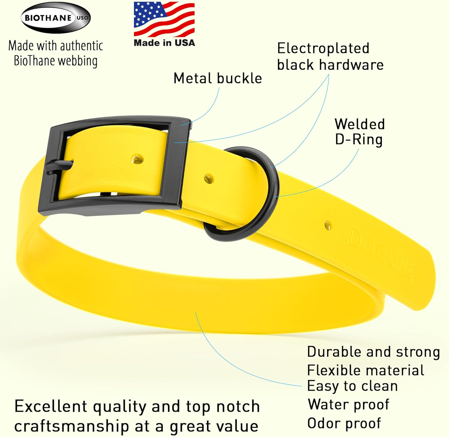 Dogline Biothane Waterproof Dog Collar Strong Coated Nylon Webbing with Black Hardware Odor- Proof for Easy Care Easy to Clean High Performance Fits Small Medium or Large Dogs, Lemon Yellow
