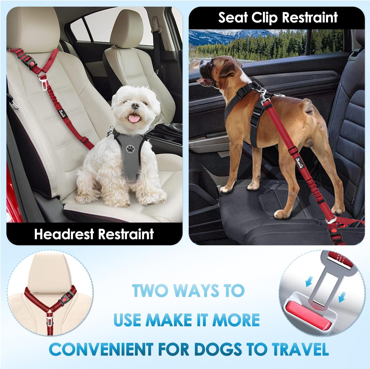 Lukovee Dog Seatbelt Leash for Cars, 2 Pack Pet Safety Seat Belt with Adjustable Buckle & Reflective Bungee, Connect Dog Harness in Vehicle Dogs Restraint Travel Daily Use (Red)