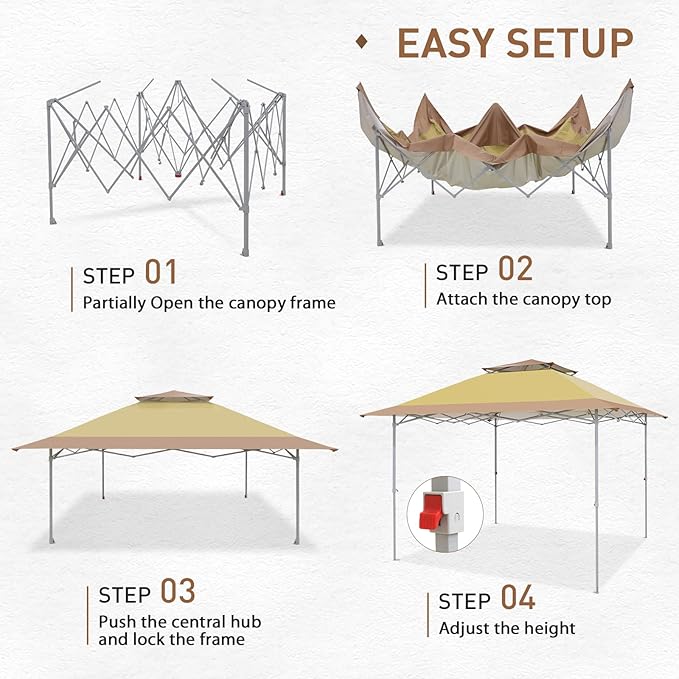 EAGLE PEAK 12x12 Pop up Canopy Tent, Easy Set up Folding Shelter with Auto Extending Awning 144 Square Feet Sun Shade, Beige