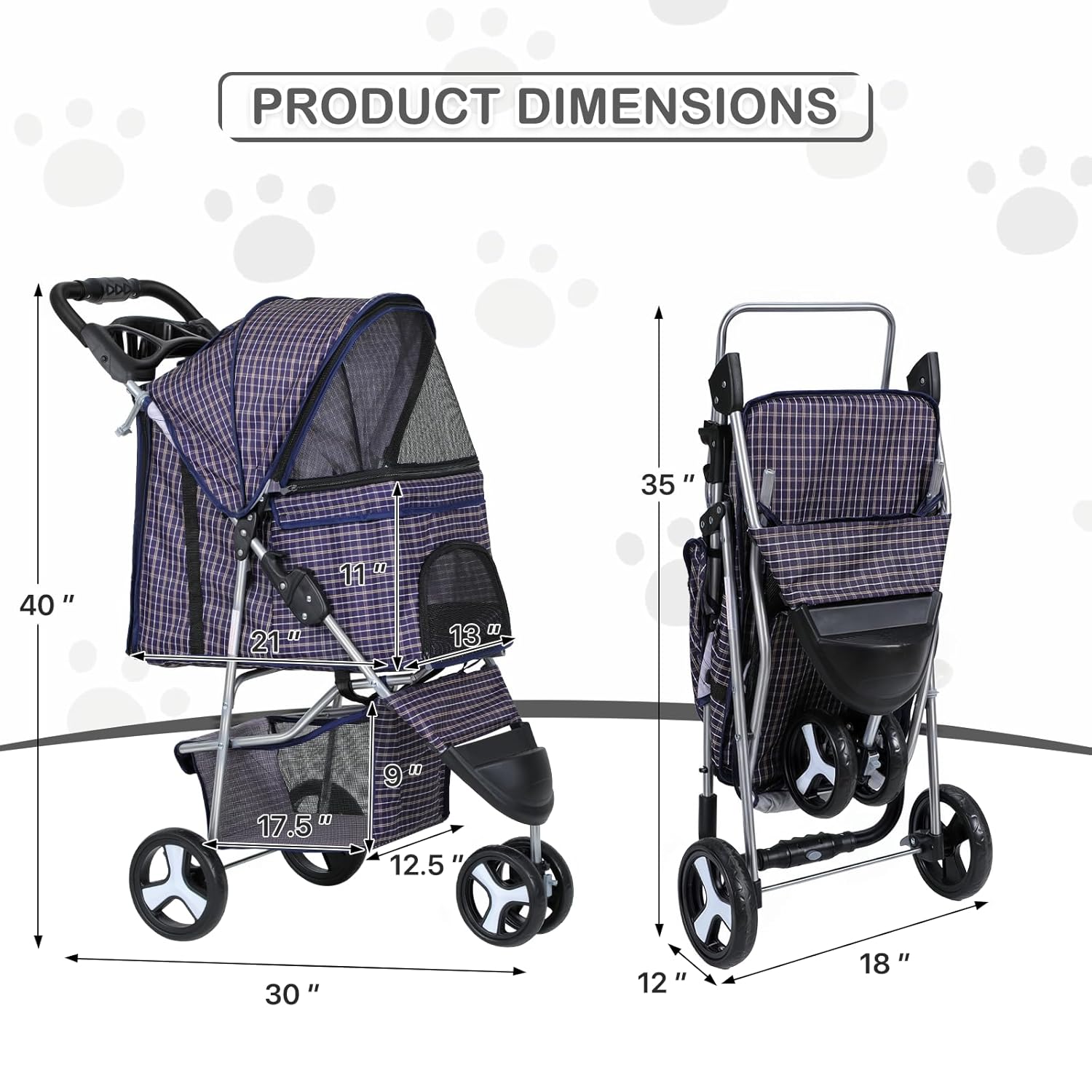 MoNiBloom 3 Wheels Pet Dog Cat Stroller for Small Medium Dogs Cats, Lightweight Foldable Jogger Stroller w/Storage Basket and Cup Holder, Plaid