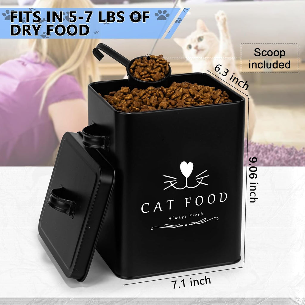 Meraki Home Farmhouse Cat Food and Treats Containers + Feed Scoop + Pet Food Bowl - Tight Lids - Large Metal Storage Bin - Great Gift for Cute Pets (Matte Black)