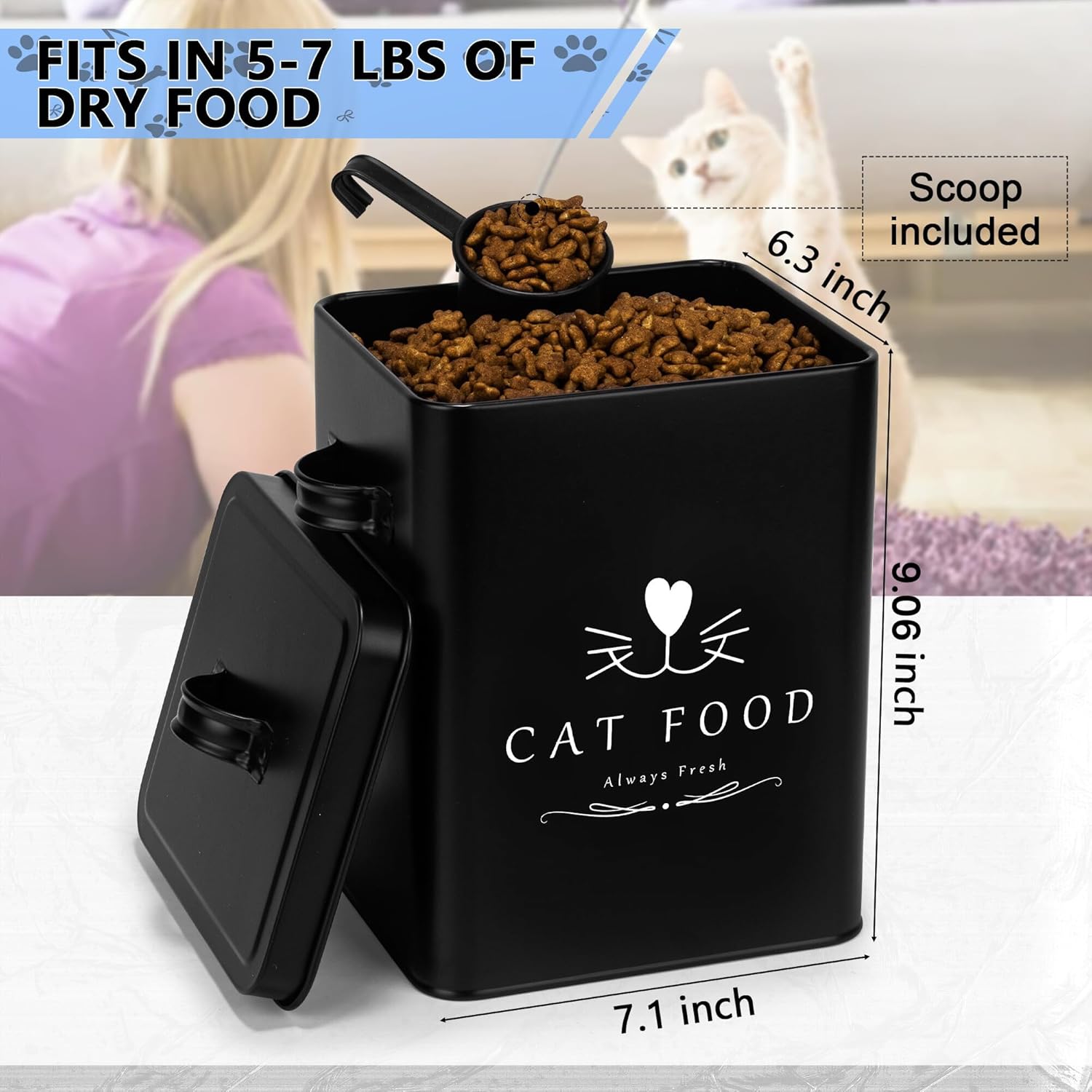 Meraki Home Farmhouse Cat Food and Treats Containers + Feed Scoop + Pet Food Bowl - Tight Lids - Large Metal Storage Bin - Great Gift for Cute Pets (Matte Black)