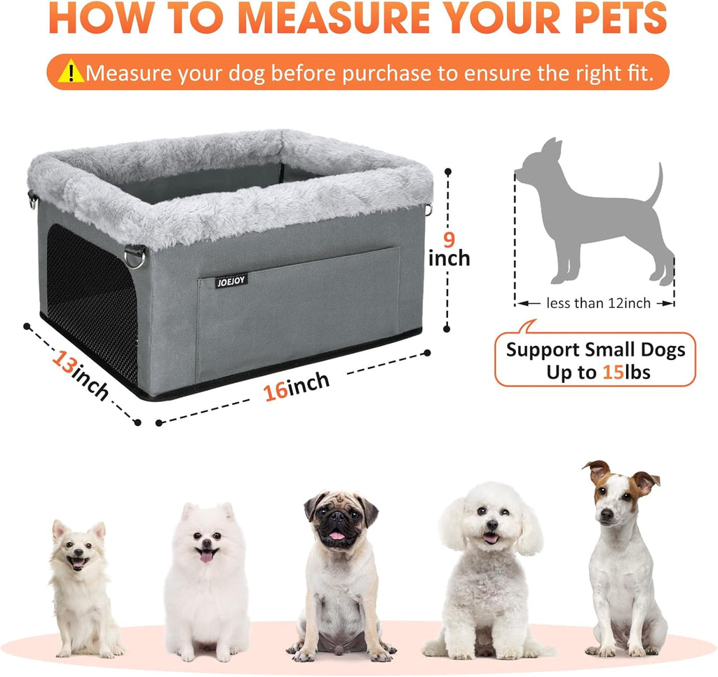 JOEJOY Deluxe Dog Booster Seat with Sturdy Metal Frame and Safety Leash for Small Pets up to 20 lbs - Portable Puppy Dog Car Seat with Thick Cushion and Storage Pockets for Small Dogs