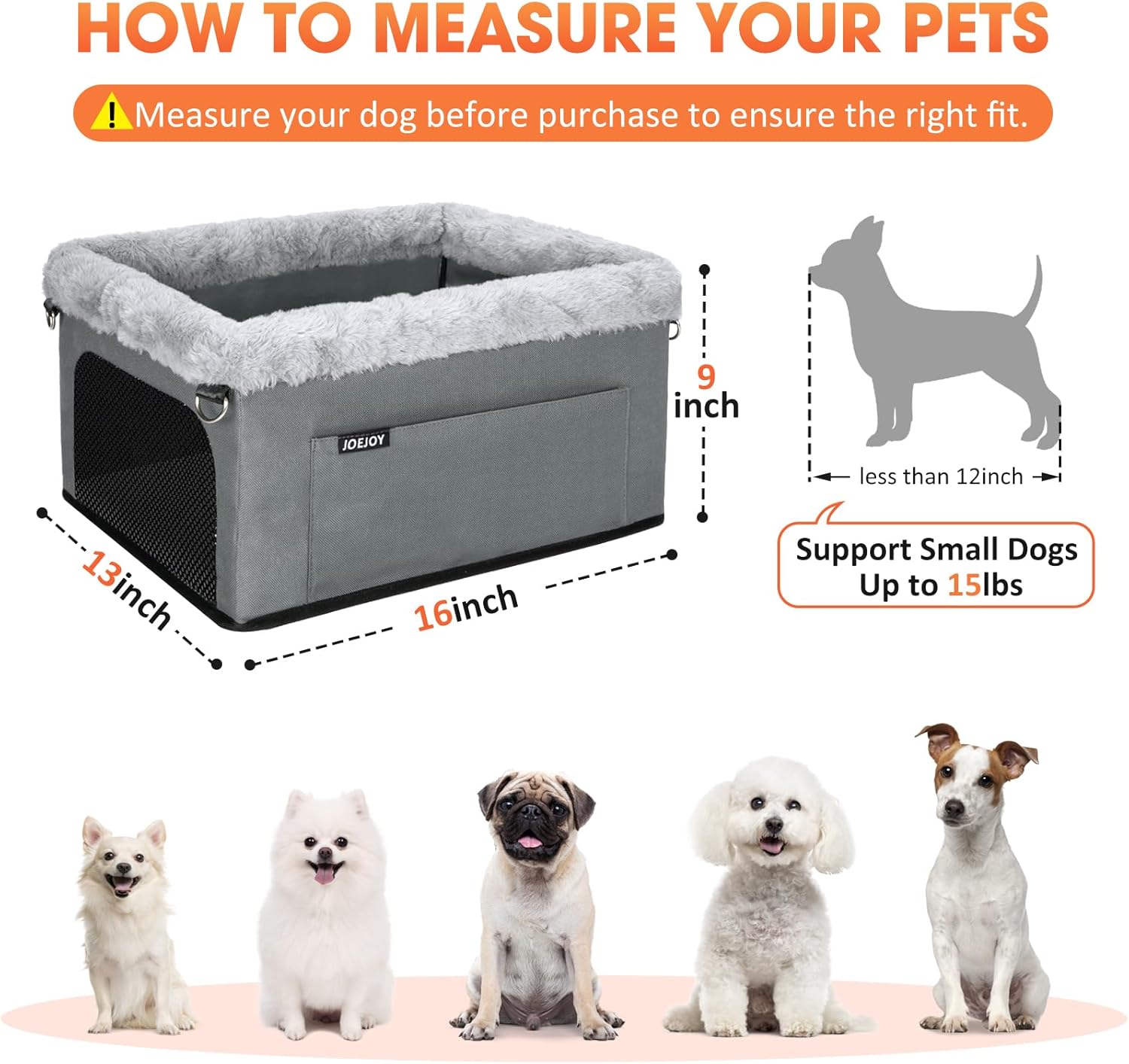 JOEJOY Deluxe Dog Booster Seat with Sturdy Metal Frame and Safety Leash for Small Pets up to 20 lbs - Portable Puppy Dog Car Seat with Thick Cushion and Storage Pockets for Small Dogs