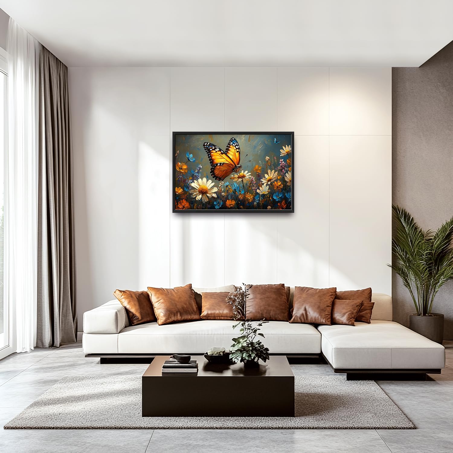 Large Butterfly Daisy Wall Art for Living Room, Floral Landscape Canvas Oversized Wall Decor, Flower Scenery Aesthetics Framed Pictures Painting Print Artwork for Bedroom Office 36"L x 24"W