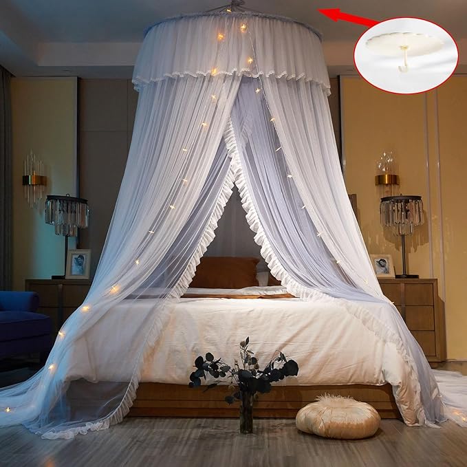 AIKASY Princess Bed Canopy for Girls & Adults, Elegant Double-Layer Bed Curtain, Children's Dream Round Lace Mosquito Net, Princess Canopy Net - Fits Twin, Full, Queen, and King Beds (Light Gray)