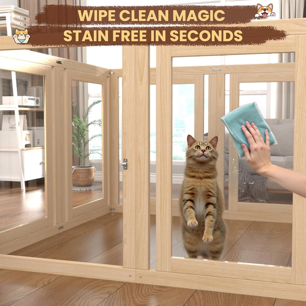 10 Panels Dog Playpen with Door, 23.6" H Pet Playpen Indoor, Clear Acrylic Puppy Playpens, Wooden Puppy Fence with Gate, Transparent Dog Pens, Pet Pen Indoor for Dogs, Cats, Rabbit (Wood)