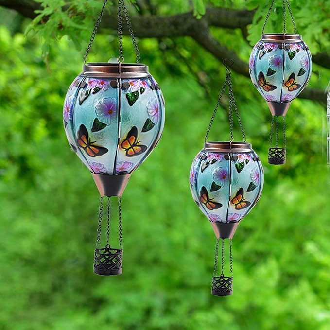 Hot Air Balloon Solar Lantern with Flickering Flame, Glass Hanging Garden Lights Outdoor Waterproof for Tree Yard Patio Mother's Day Gift, 18" H Butterfly