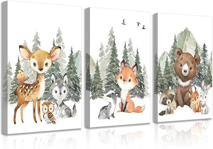 3Pcs Woodland Animal Nursery Canvas Wall Art Forest Adventure Theme Animals Picture Posters Wall Decor Cute Watercolor Deer Bear Fox Painting Print Artwork for Kids Baby Bedroom Decor 16x24in