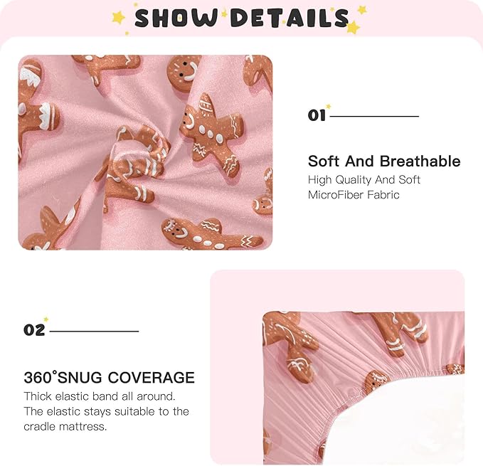 Christmas Gingerbread Pinks Cute Crib Sheets Soft Breathable Fitted Baby Crib Sheets Mattress Cover for Girls Boys, 52" x 28" x 9"