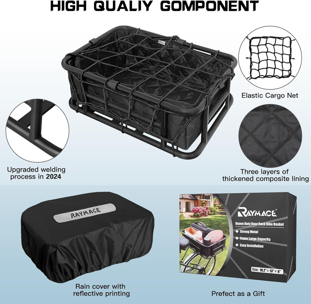 RAYMACE Rear Rack Bike Basket with Cargo Net and Liner Large Bicycle Basket Perfect Mount for Electric Bike