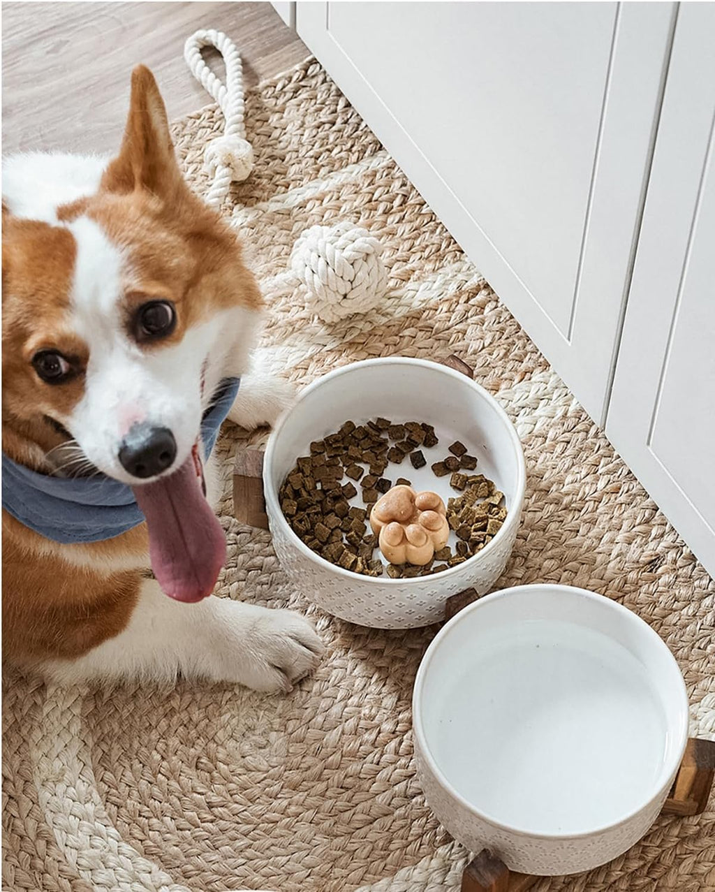 LE TAUCI Ceramic Dog Bowls with Acacia Wood Stand - 7 Inch Food & Water Set for Medium-Large Dogs - Weighted Pet Bowls