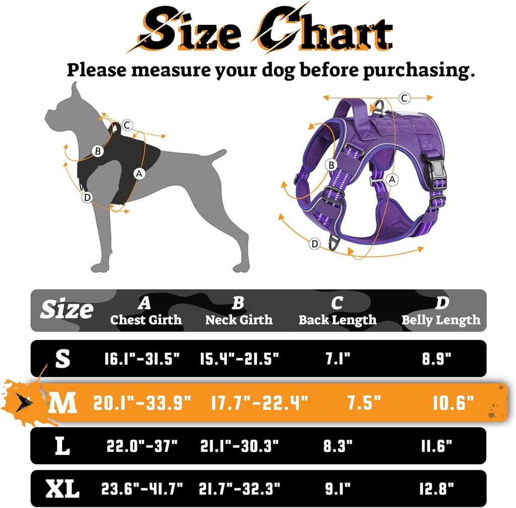 rabbitgoo Dog Harness Medium Sized No Pull, Tactical Service Pet Vest with Molle and Control Handle, Adjustable and Reflective Military Harness for Easy Walking and Training, Purple, M