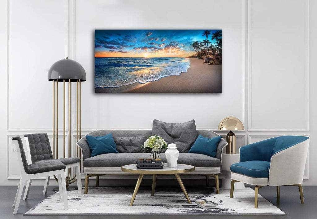 Jiuqinghua Canvas Prints Wall Art Blue Beach Ocean Landscape Paintings 1 panel Sunset Sea Waves Wall Decor Pictures Stretched and Framed for Living Room Bedroom and Office Home Decor Artwork