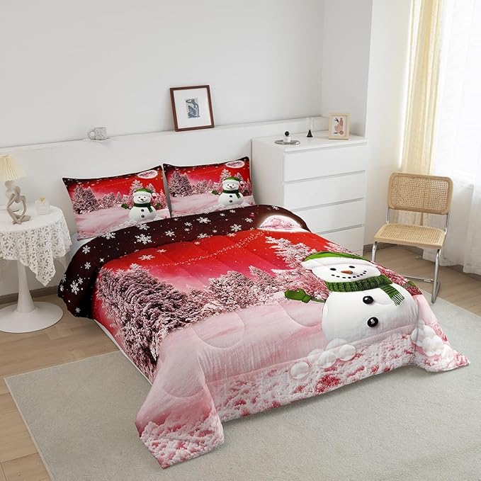 Feelyou Kids Merry Christmas Decorations Full Size Comforter Set Xmas Snowman Bedding Set Red Quilt Set Soft Warm Lightweight Duvet Set