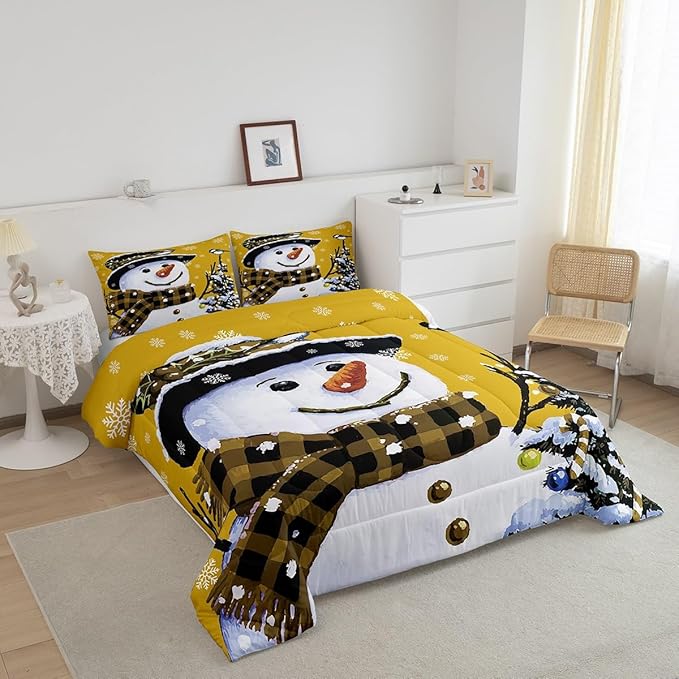 Feelyou Kids Christmas Theme Decorations Bedding Set Xmas Snowman Comforter Set for Boys Girls Snowflake Kawaii Cute Comforter Bright Yellow Quilt Set Bedroom Collection Full Size