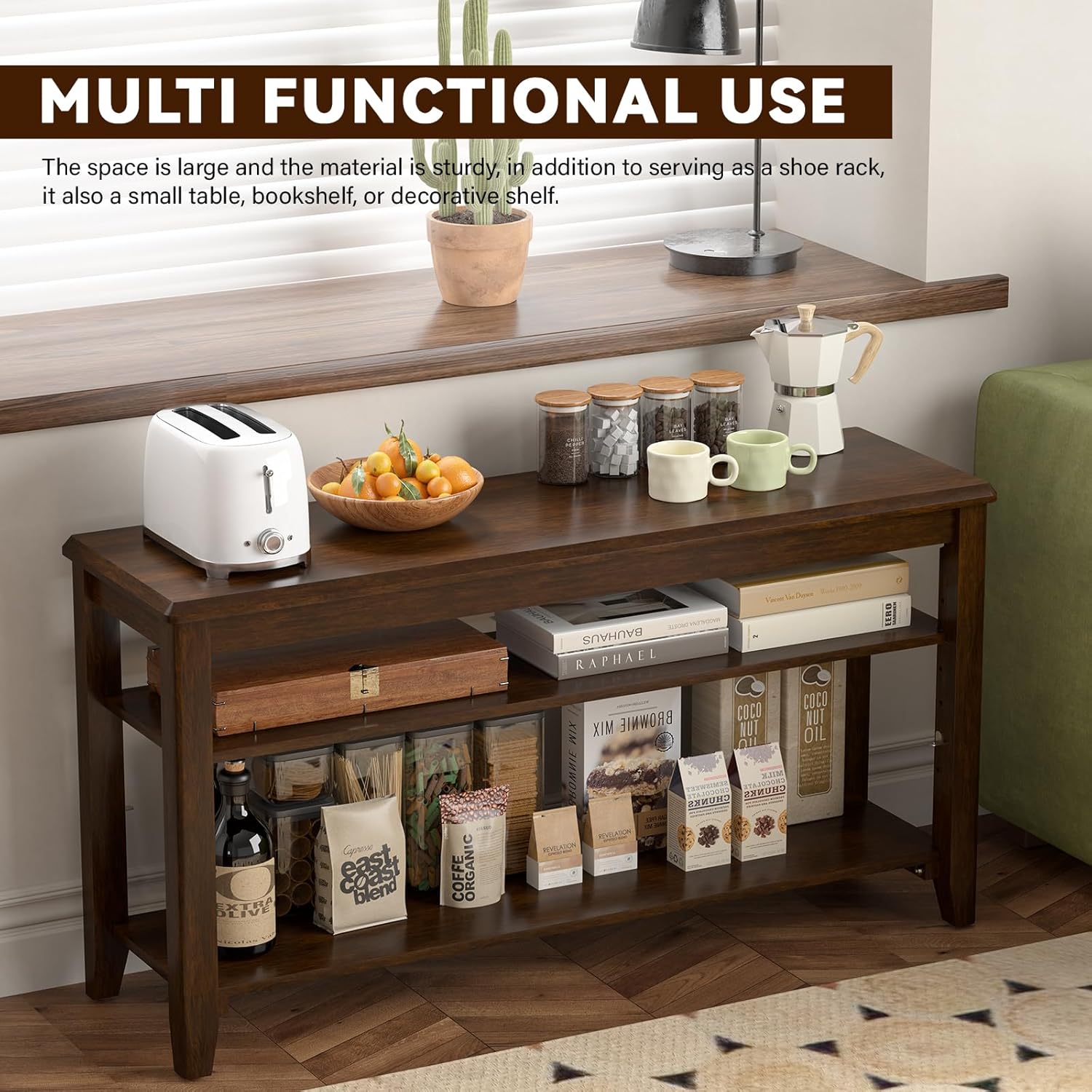 Shoe Bench Storage Rubberwood, Entryway Bench with 3-Tiers Height Adjustable, Shoe Rack Front Door Entrance Organizer for Hallway Living Room, Mudrooms, Walnut,23.6"