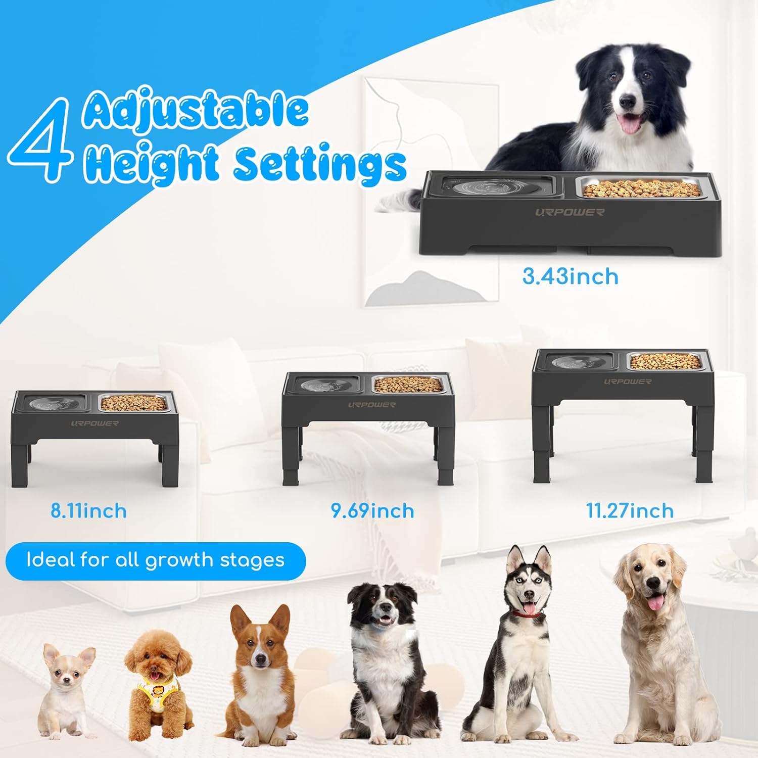 URPOWER 2-in-1 Elevated Dog Bowls 4 Height Adjustable Raised Dog Bowls with No Spill Water Bowl and Stainless Steel Food Bowl Non-Slip Stand for Small Medium Large Dogs
