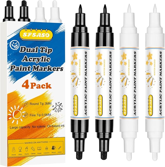 Acrylic Paint Marker Pens - 4 Pack Dual Tip Permanent Markers (0.7mm & 3mm) Water-Based Ink Pens for Rock Painting, Canvas, Ceramic, Glass, Wood, Plastic, DIY Crafts (2 Black/ 2 White)