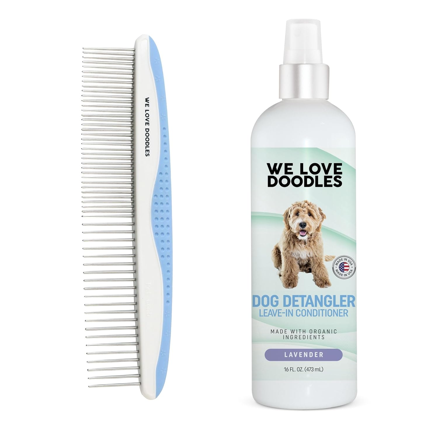 We Love Doodles Large Metal Dog Grooming Comb & Dog Detangler Spray - Removes Tangles & Matts, Dematting Pet Combs, Detangler For Matted Hair, Dog Detangling Spray, Dematting Spray & Tangle Remover