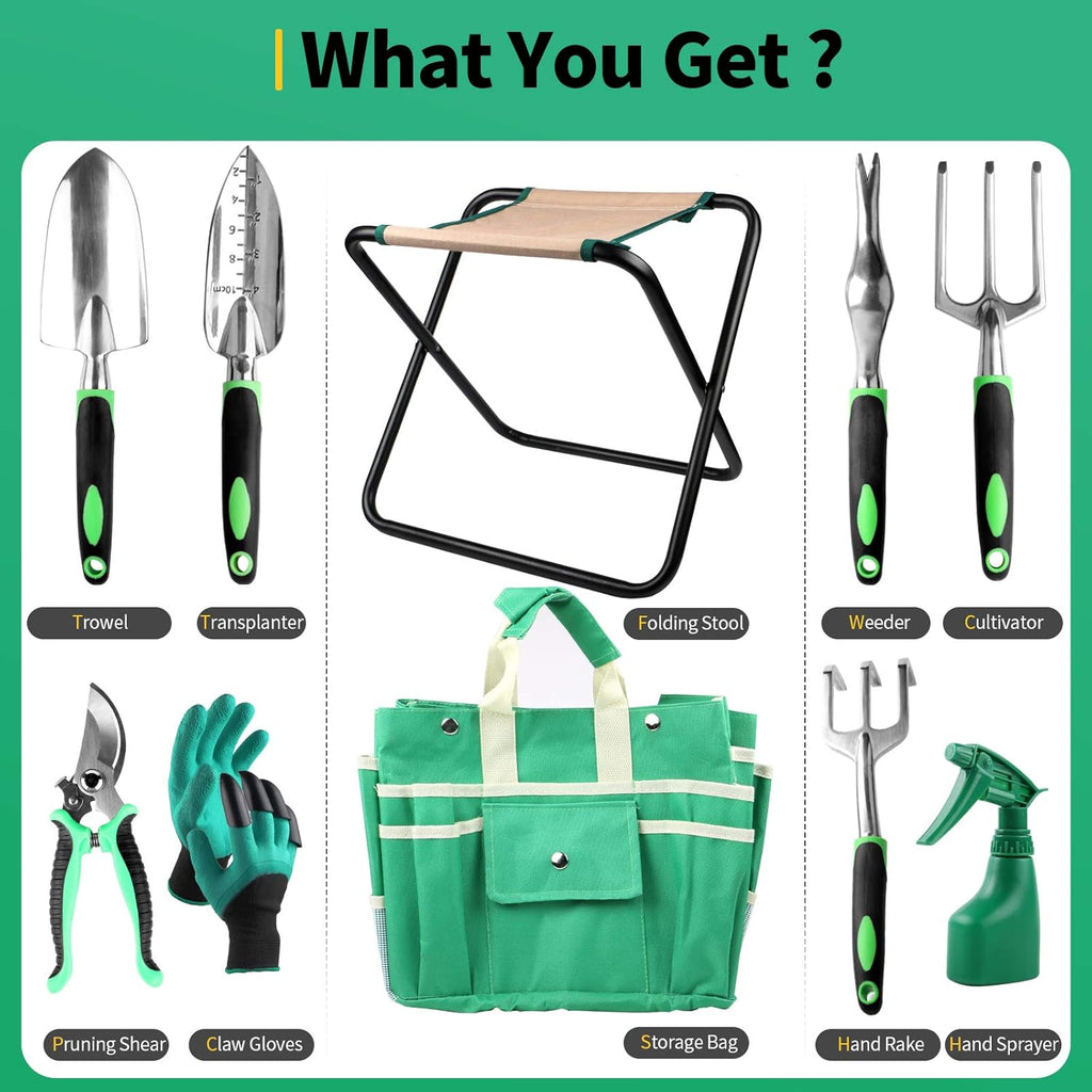 Kitness 9 PCS All-in-one Garden Tools Set Heavy Duty Cast-Aluminium Alloy Gardening Tools Kit with Folding Stool Seat&Detachable Canvas Tool Bag Great Gifts for Gardening
