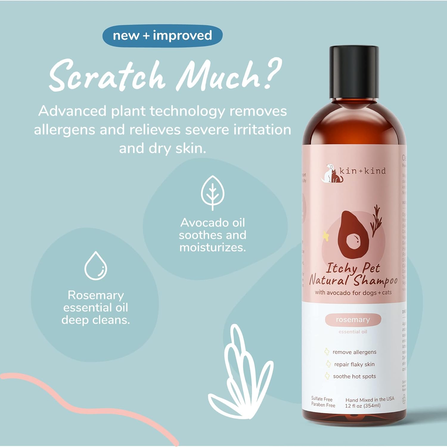 kin+kind Anti-Itch Dog & Cat Shampoo for Itchy Skin and Allergies - Safe, Natural Formula with Olive, Coconut, and Avocado Oil - Made in The USA - Great for Dog Grooming and Cat Supplies (12 fl oz)