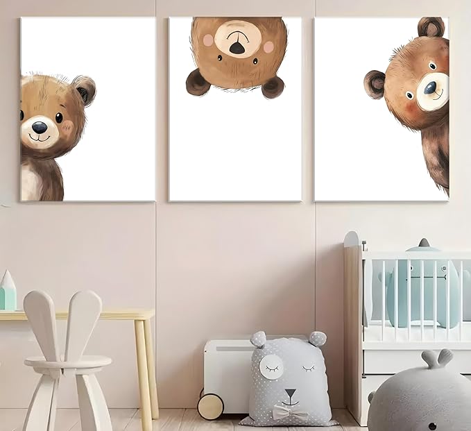 3Pcs Baby Teddy Bear Nursery Wall Art Peeking Bear Pictures Wall Decor Peekaboo Kids Room Decor Woodland Animal Posters Neutral Nursery Painting Canvas Print Artwork for Children's Baby Room Bedroom