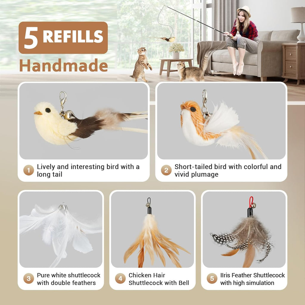 ROSAUI Cat Teaser Wand Toys, Interactive Bird Toys for Indoor Kittens, 42.15’’ Long Cat Fishing Pole Toys, 2Pcs Wires and 5Pcs Natural Refills, Sustainable Wooden Handles, Exercising, Playing