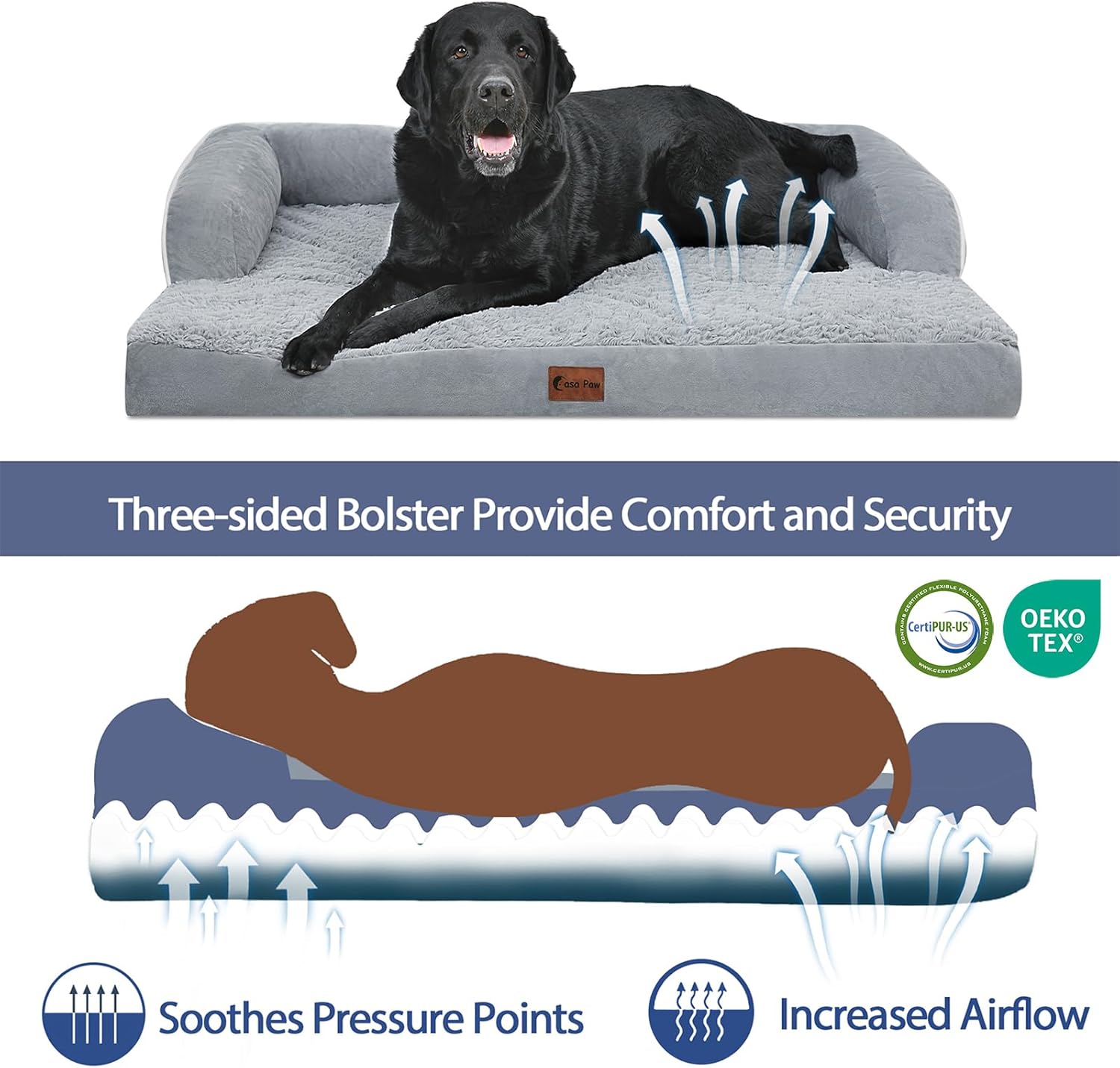 Orthopedic Dog Beds for Large Dogs, Waterproof Dogs Beds, Memory Foam Dog Couch Beds, Comfy Bolster Pet Beds with Removable Washable Cover, Nonskid Bottom (Large, Grey)