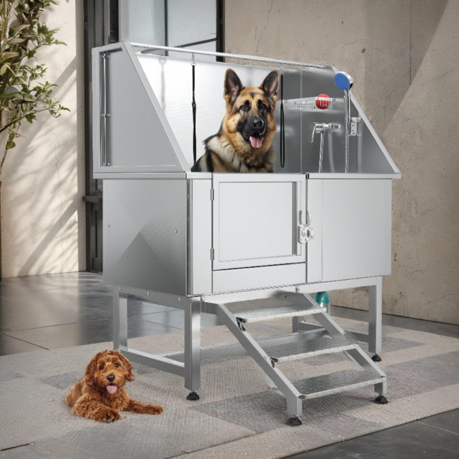 YITAHOME Dog Bathing Station, Professional Stainless Steel 304 Dog Grooming Bathtub w/Left Stairs, Faucet, Floor Grate, 50in Pet Washing Station for Large, Medium, Small Pets