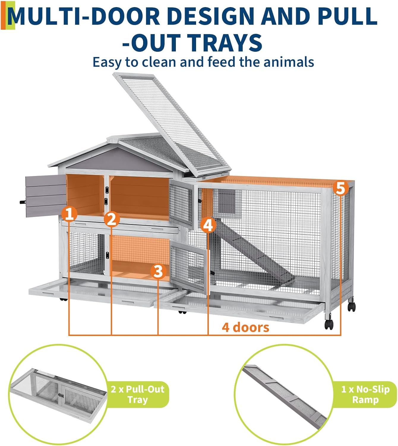 Rabbit Hutch 2-Tier, Small Wooden Chicken Coop with Wheels for Outdoor Use - Weatherproof Small Animal Hutch with Non-Slip Ramp, 4 Access Doors & Removable Tray for Rabbits, Guinea Pigs, Ferrets