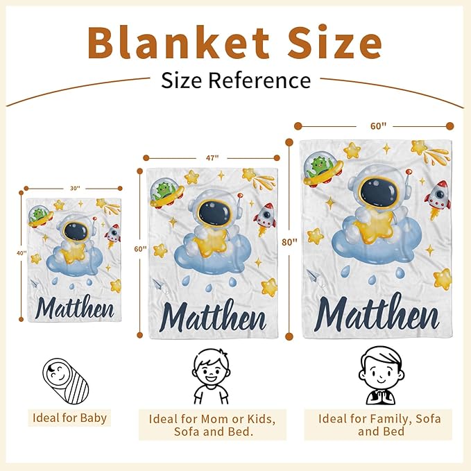 Personalized Baby Blanket with Name, Custom Space Astronaut Theme Blanket for Kids, Soft Flannel Bed Throw Blanket Swaddle for Newborn, Customizable Baby Gift & Nursery Blanket(30”x40)
