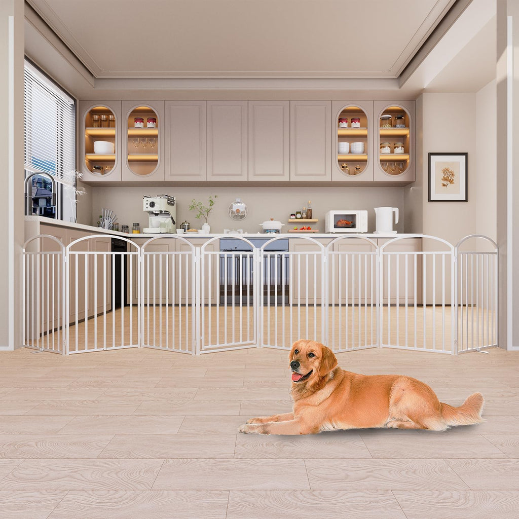 8 Panles Full Matel Freestanding Dog Gates with Door, 192"Extra Wide 36"Tall Free Standing Dog Pet Gate for Indoor & Outdoor. Foldable Pet Fences for Doorways, House, Stairs, Porch, Deck, Yard