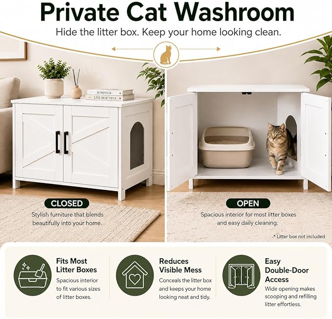 Homhedy Cat Litter Box Enclosure, Wooden Cat Washroom Furniture - Image 3