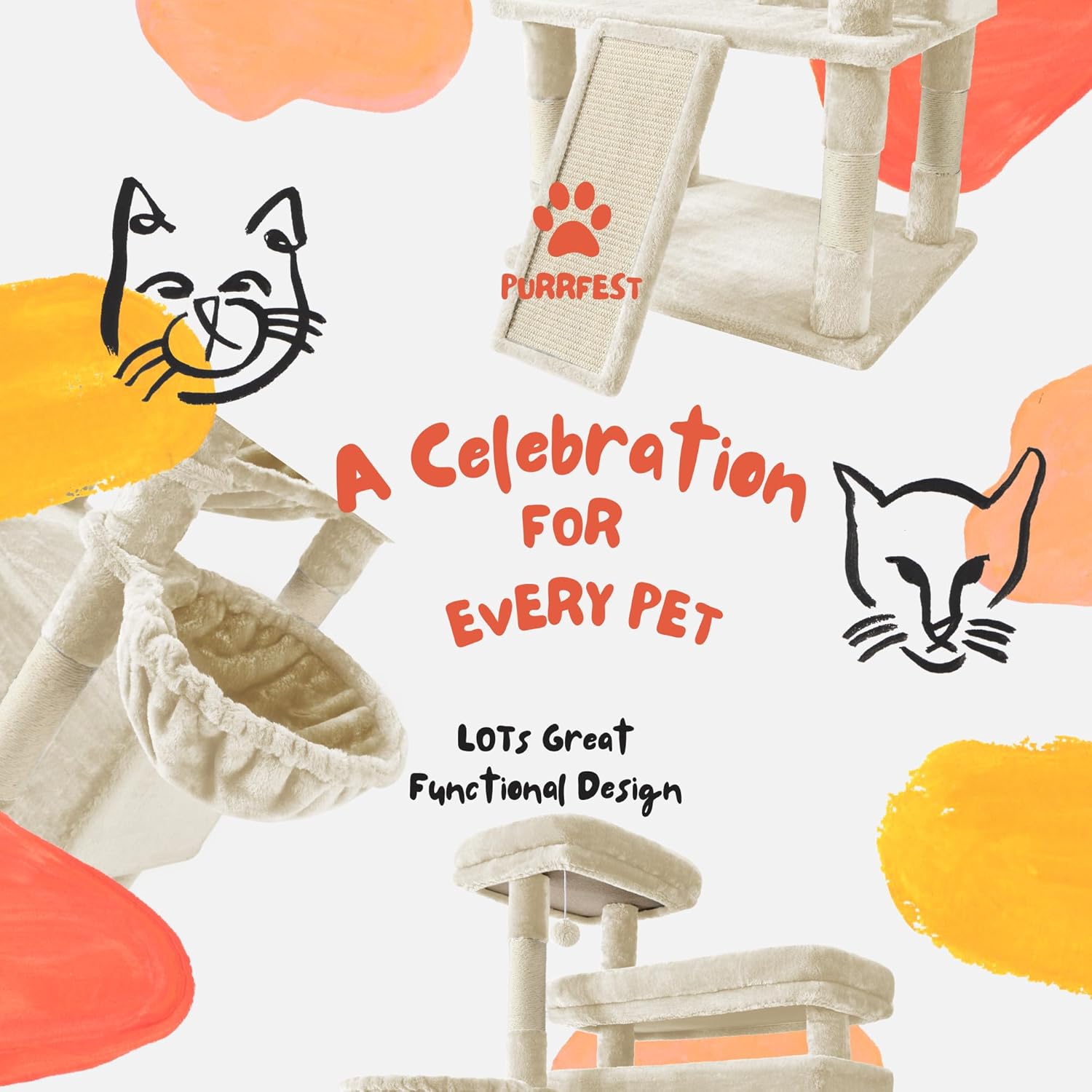 Cat Tree, 80-Inch Large Cat Tower with 9 Scratching Posts, 2 Perches, 2 Caves, 2 Basket, 2 Stairs, Extra Large Hammock, Pompoms, Multi-Level Plush Cat Condo for Indoor Cats/Beige