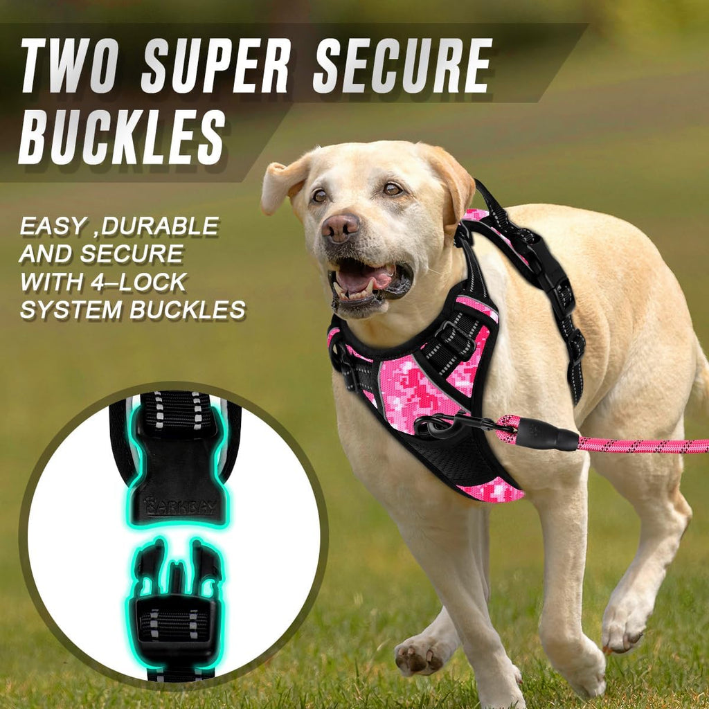 BARKBAY No Pull Dog Harness Front Clip Heavy Duty Reflective Easy Control Handle for Large Dog Walking(Pink camo,L)