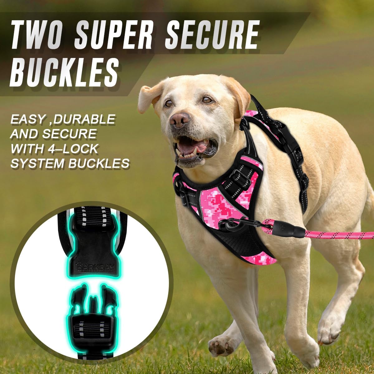 BARKBAY No Pull Dog Harness Front Clip Heavy Duty Reflective Easy Control Handle for Large Dog Walking(Pink camo,M)