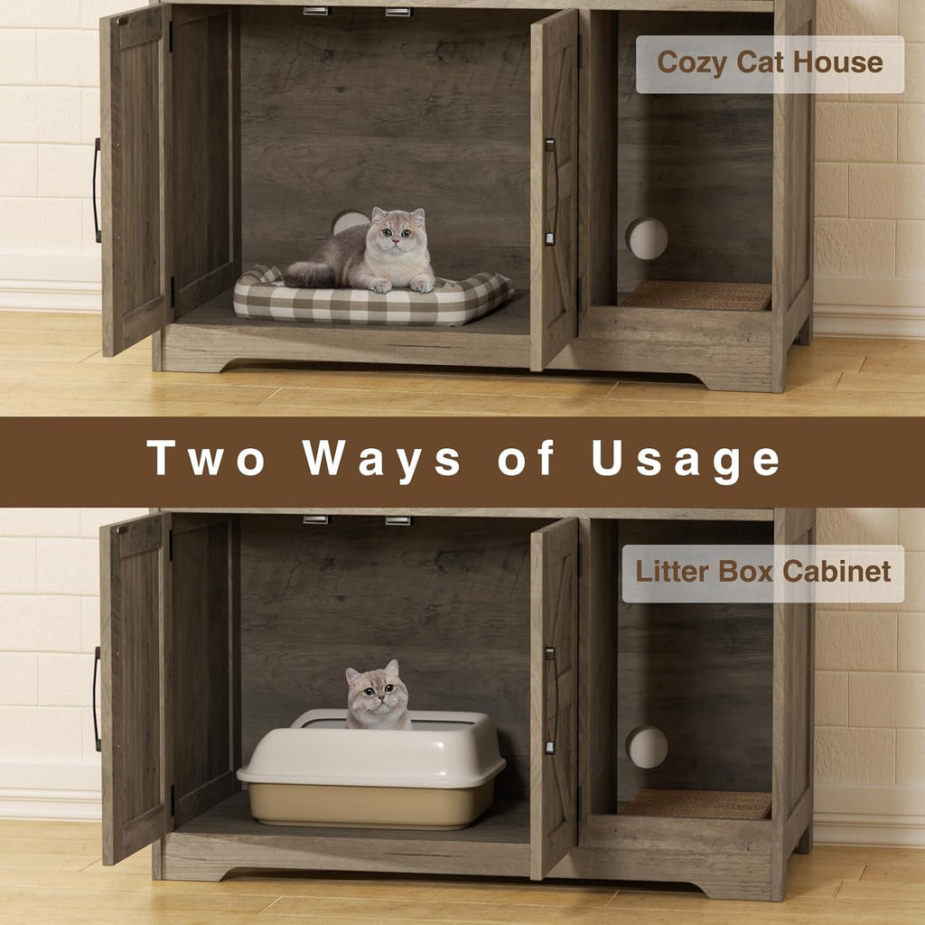 Cat Litter Box Enclosure, Hidden Litter Box Furniture with Scratch Pad, Farmhouse Indoor Cat House Washroom End Table, Grey