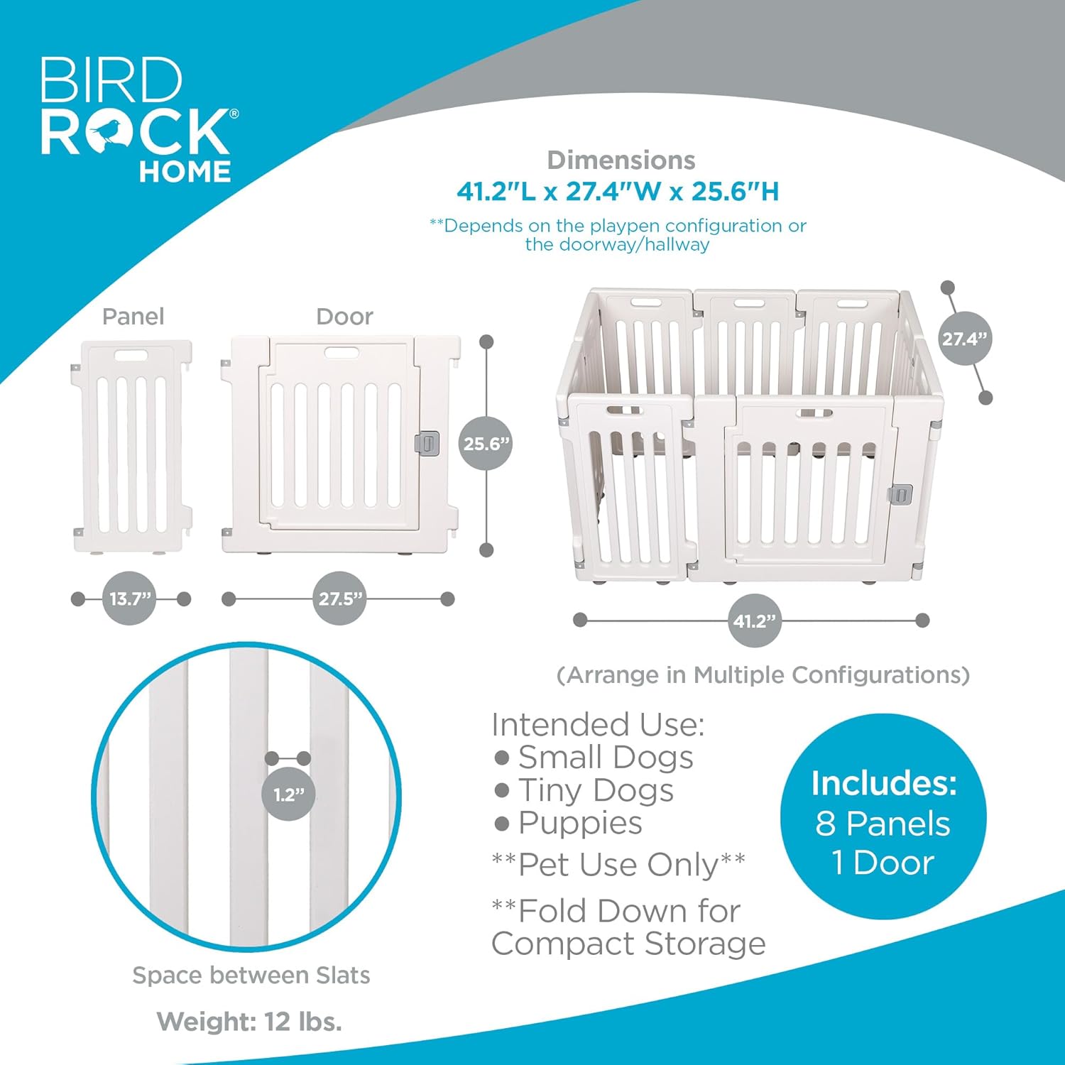 BIRDROCK HOME Dog Playpen w/Door, 8 Panel, 25.6in H | Strong Plastic, Non-Slip Puppy Playpen, Secure Pet Gate | Indoor Outdoor Fence | Configurable Panels | Small Pets - White