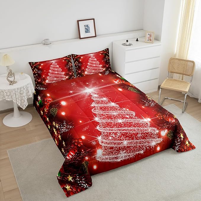 Feelyou Kids Merry Christmas Decorations Comforter Set, Kids Santa Tree Bedding Set King Size for Boys Girls Teens Xmas Christmas Bell Decor Comforter Glitter Red Quilt Set