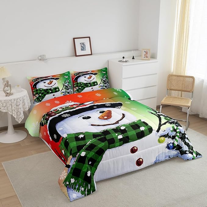Feelyou Kids Christmas Theme Decorations Bedding Set Xmas Snowman Comforter Set for Boys Girls Snowflake Kawaii Cute Comforter Orange Red Green Quilt Set Bedroom Collection Queen Size
