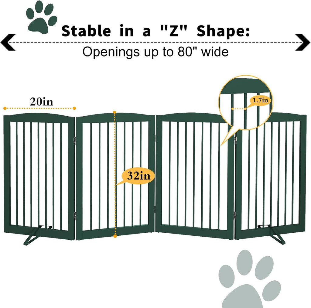 Freestanding Pet Gate for Dogs, Indoor Wooden Dog Gate for House, Foldable Dog Gate for Doorway, Stair, Step Over Pet Puppy Safety Fence Tall, 80 Inch Wide, 4 Panels 32", Green