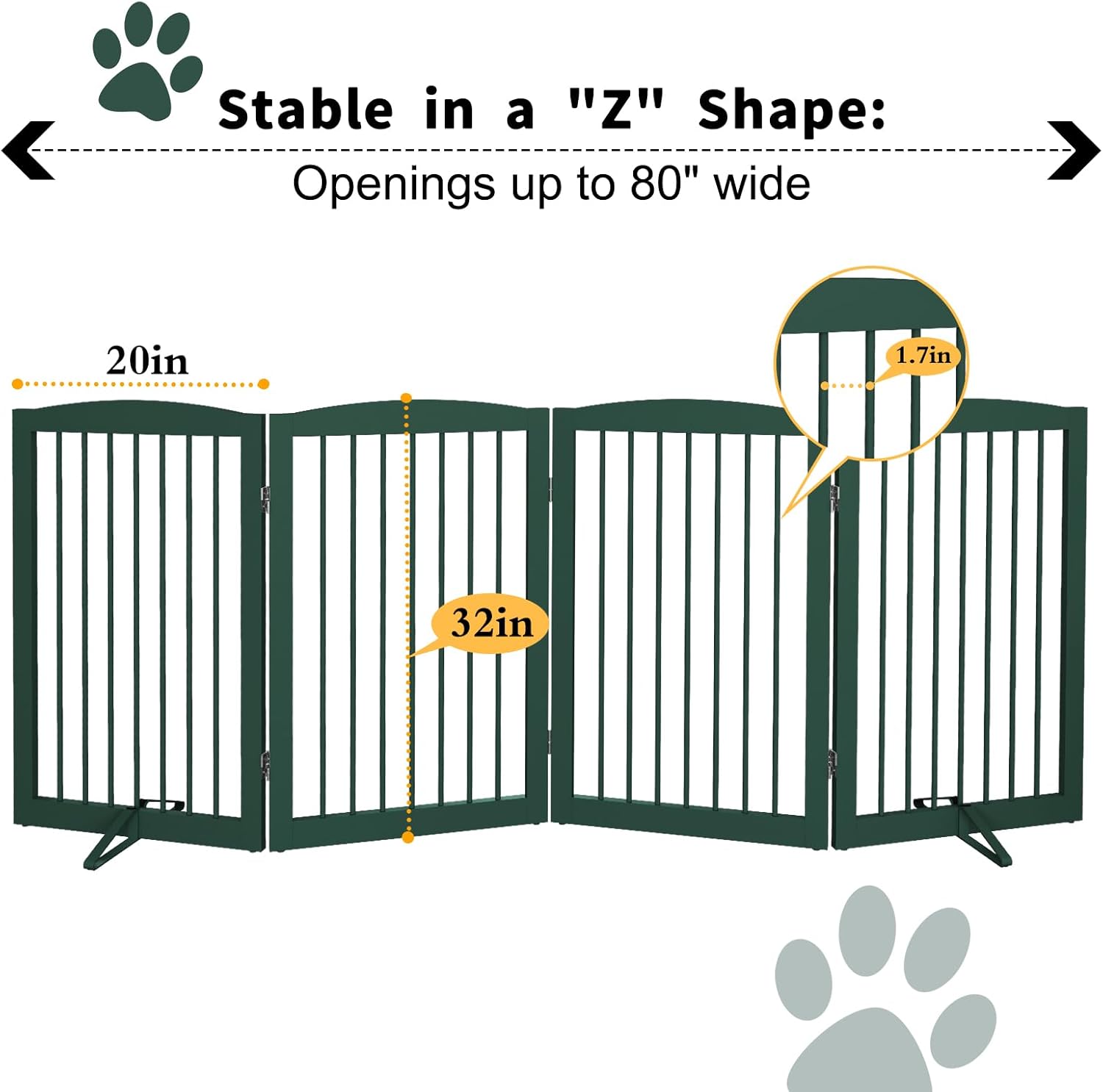Freestanding Pet Gate for Dogs, Indoor Wooden Dog Gate for House, Foldable Dog Gate for Doorway, Stair, Step Over Pet Puppy Safety Fence Tall, 80 Inch Wide, 4 Panels 32", Green